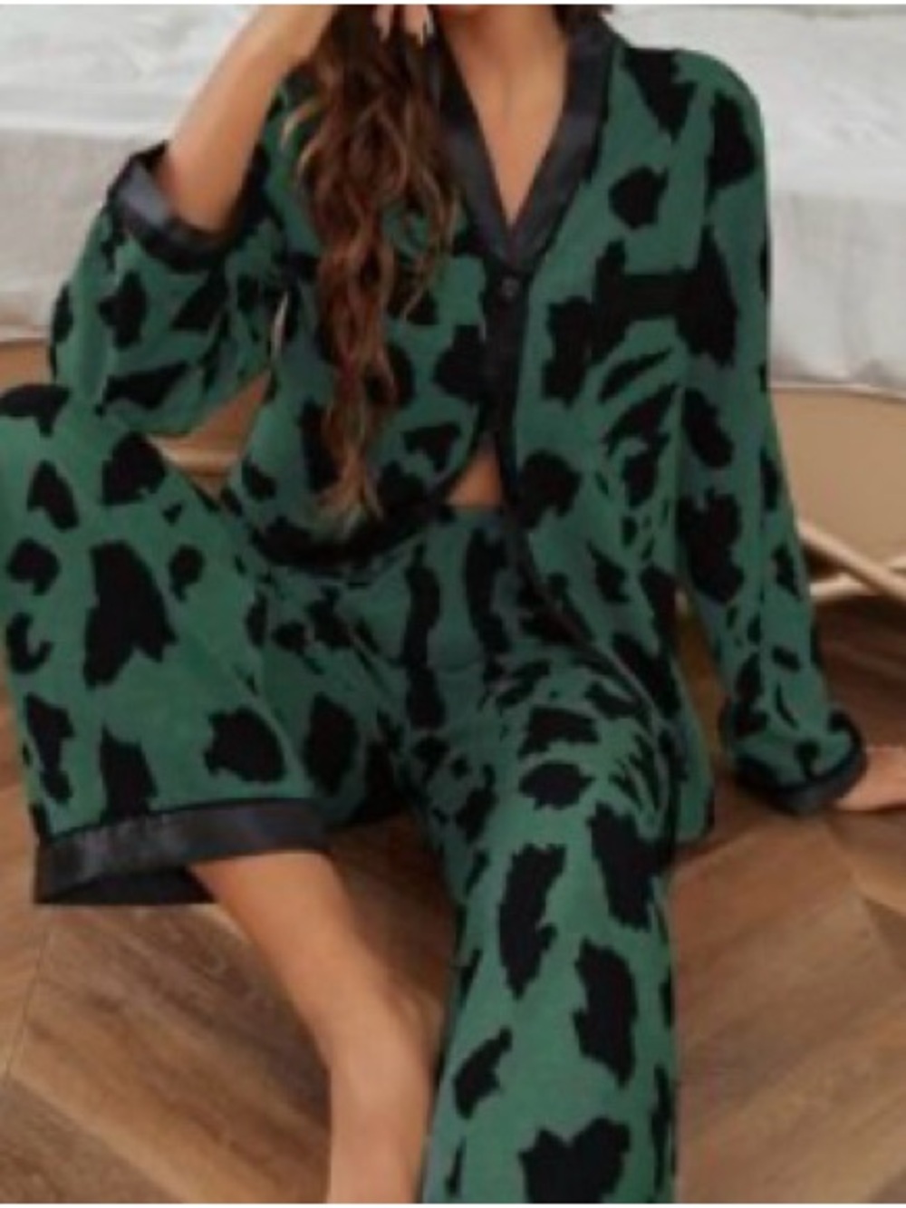SHEIN Green and Black Leopard-Print Button-Front Pajama Set with Satin Trim